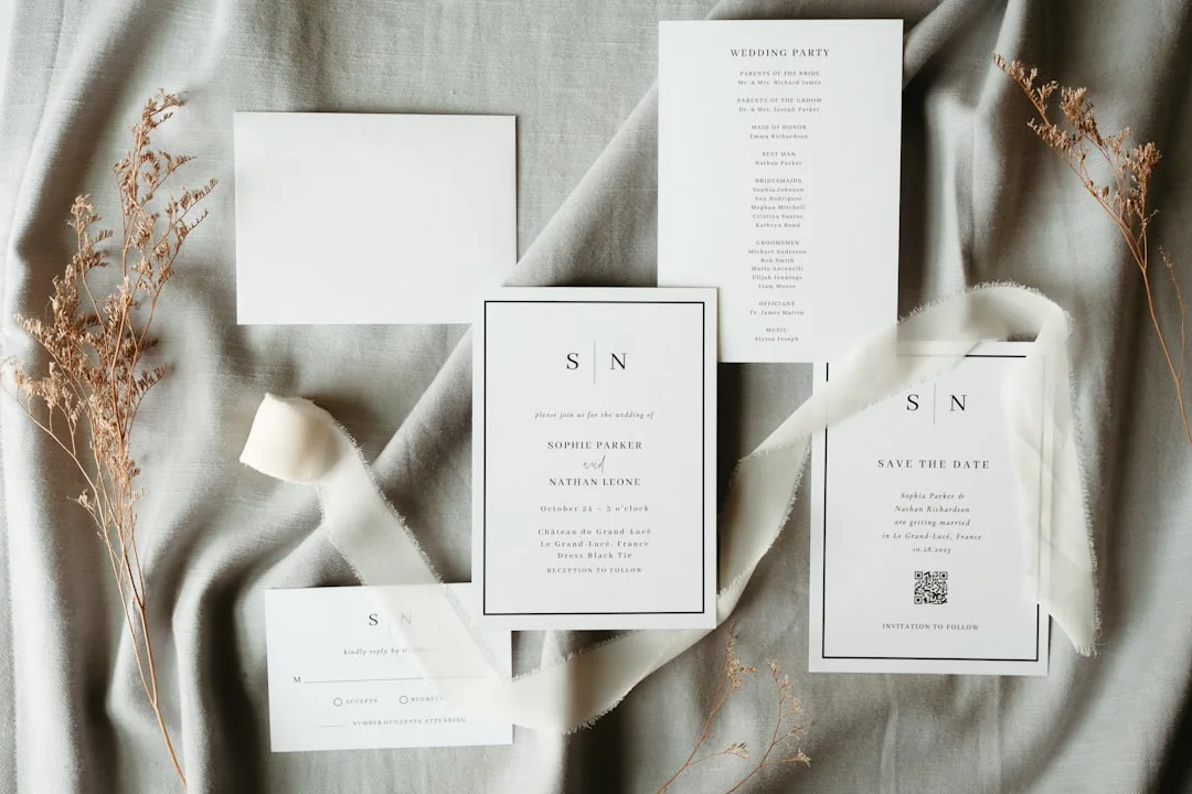 Luxury wedding ceremony program featuring wood veneer cover and textured interior pages