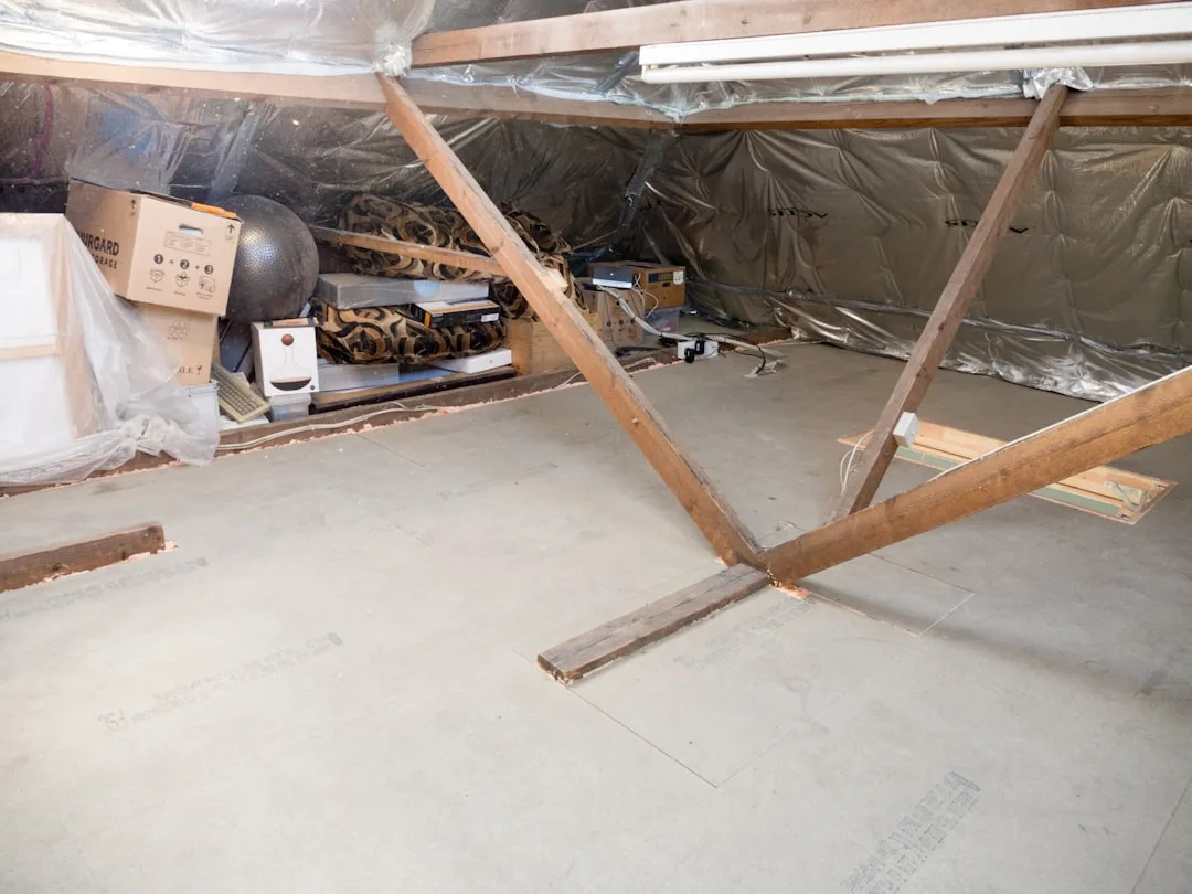 Thick white polyethylene vapor barrier installed across crawl space floor and walls
