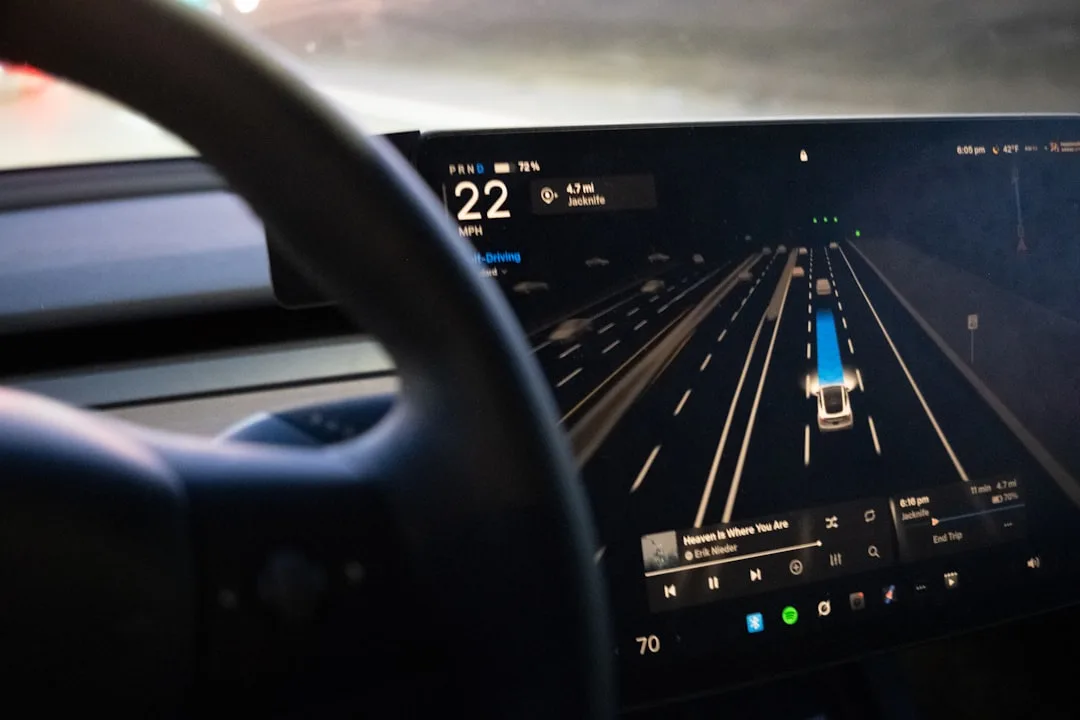 Family sitting in self-driving car on highway demonstrating comfort level
