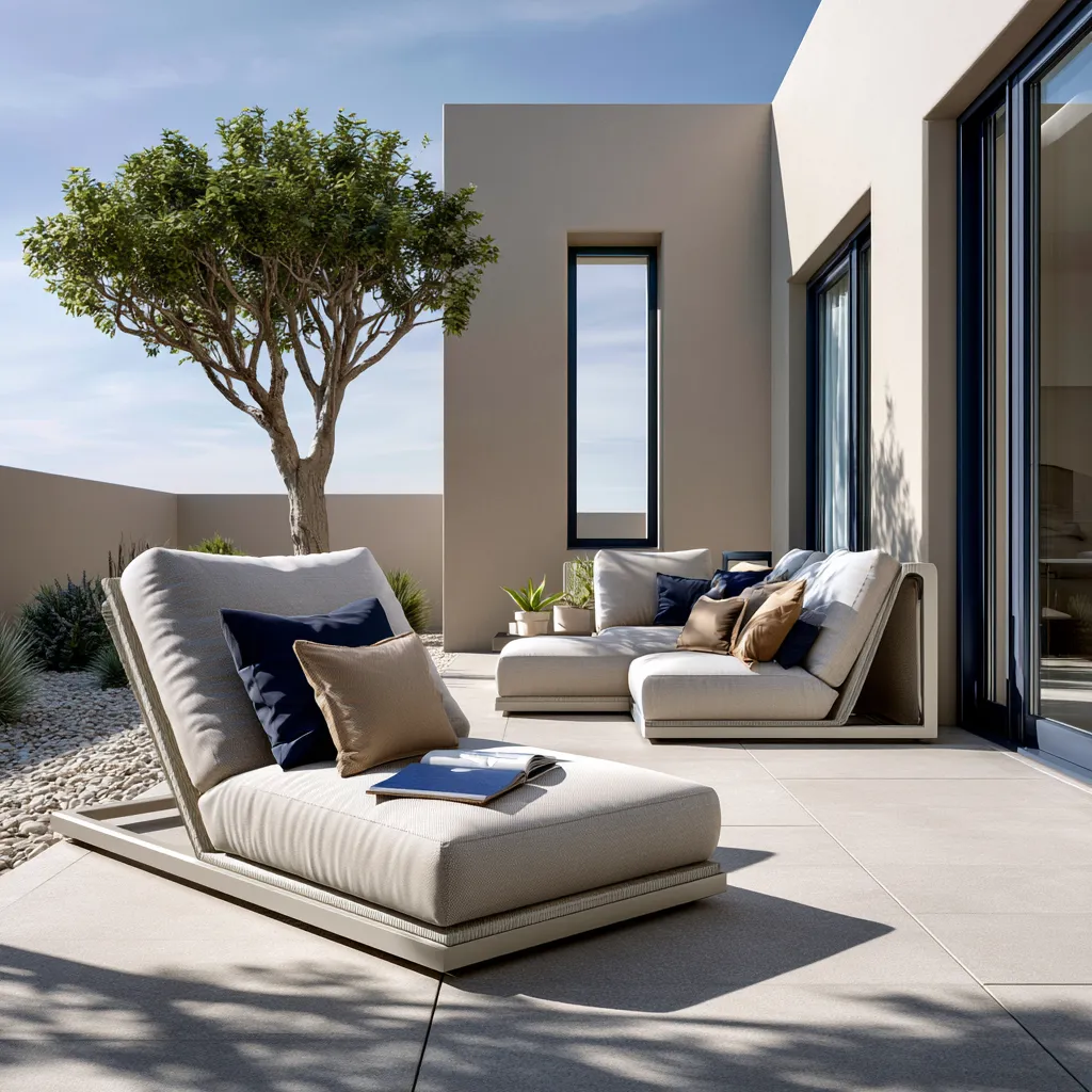 Gepflegte warme Aluminium-Möbel mit neutralen Kissenbezügen Gartenausblick