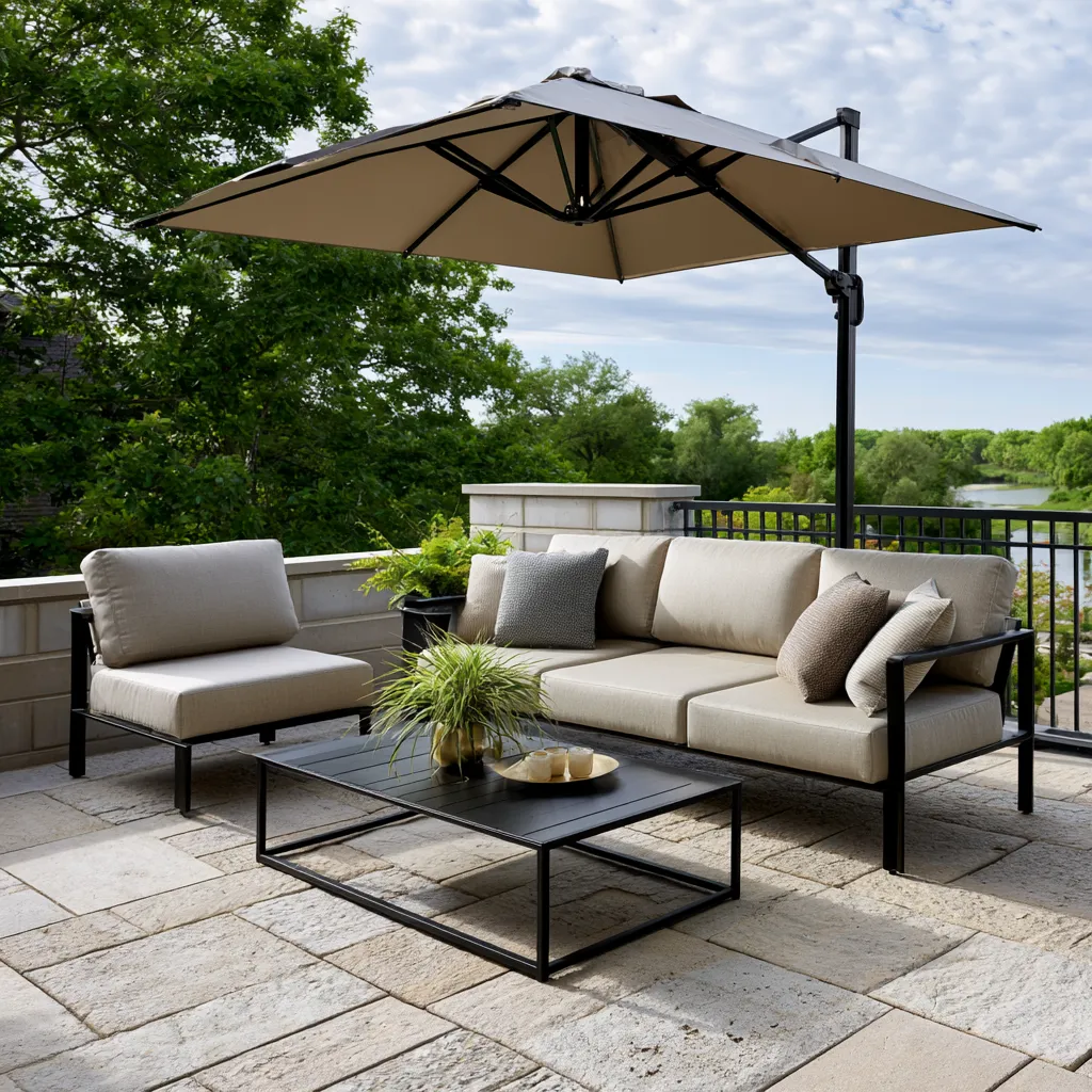 Layered outdoor space combining warm and dark finishes