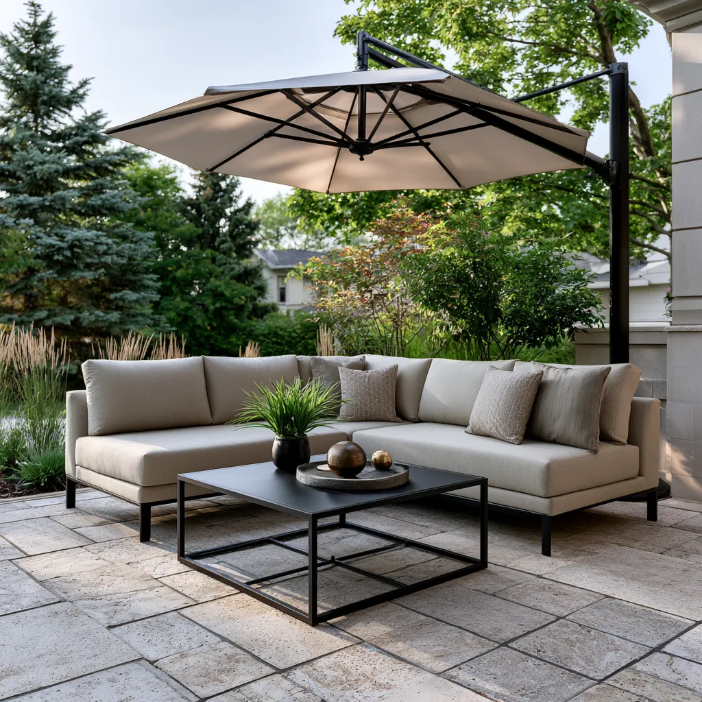 Contemporary patio showing contrast between aluminum and iron details