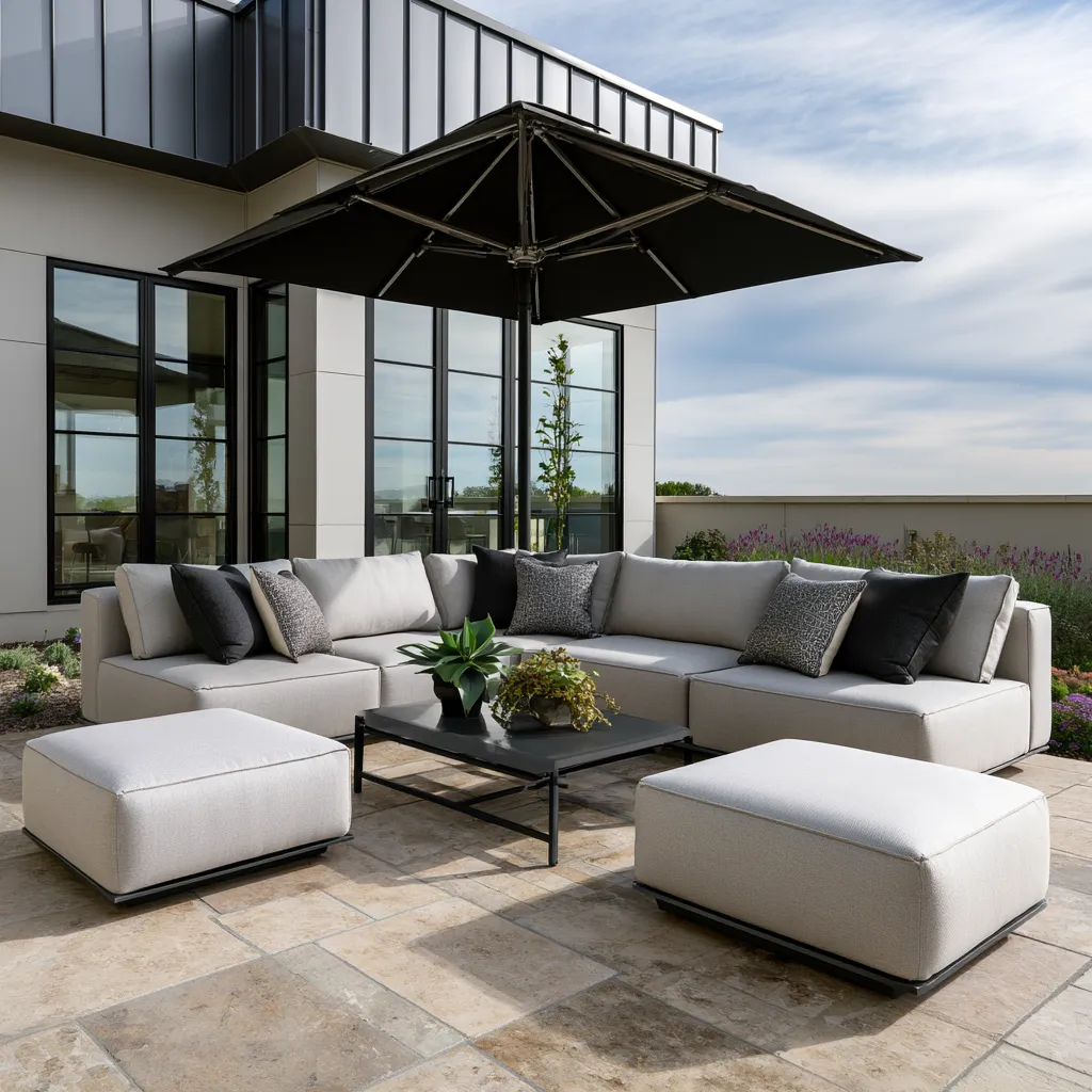 Black metal accents with warm aluminum outdoor furniture