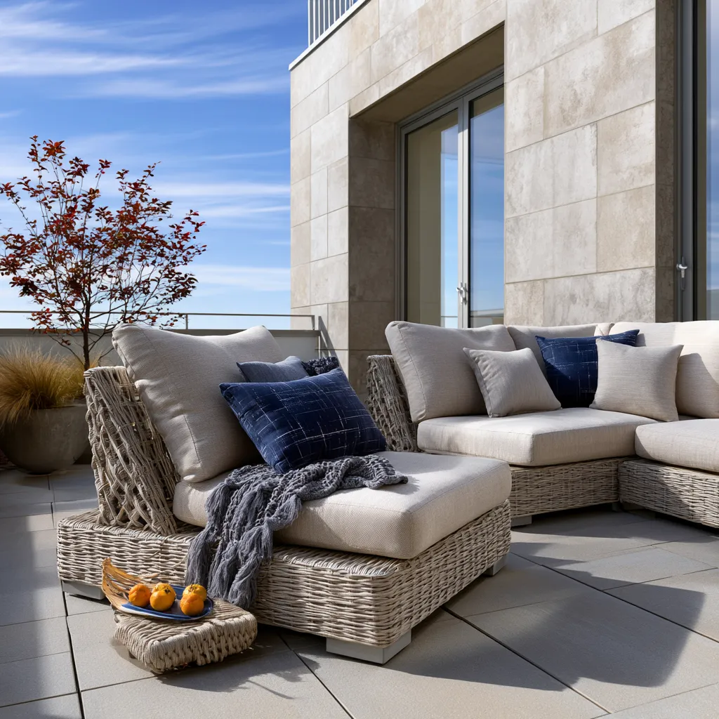 Barley-finish outdoor chairs in morning sunlight on patio