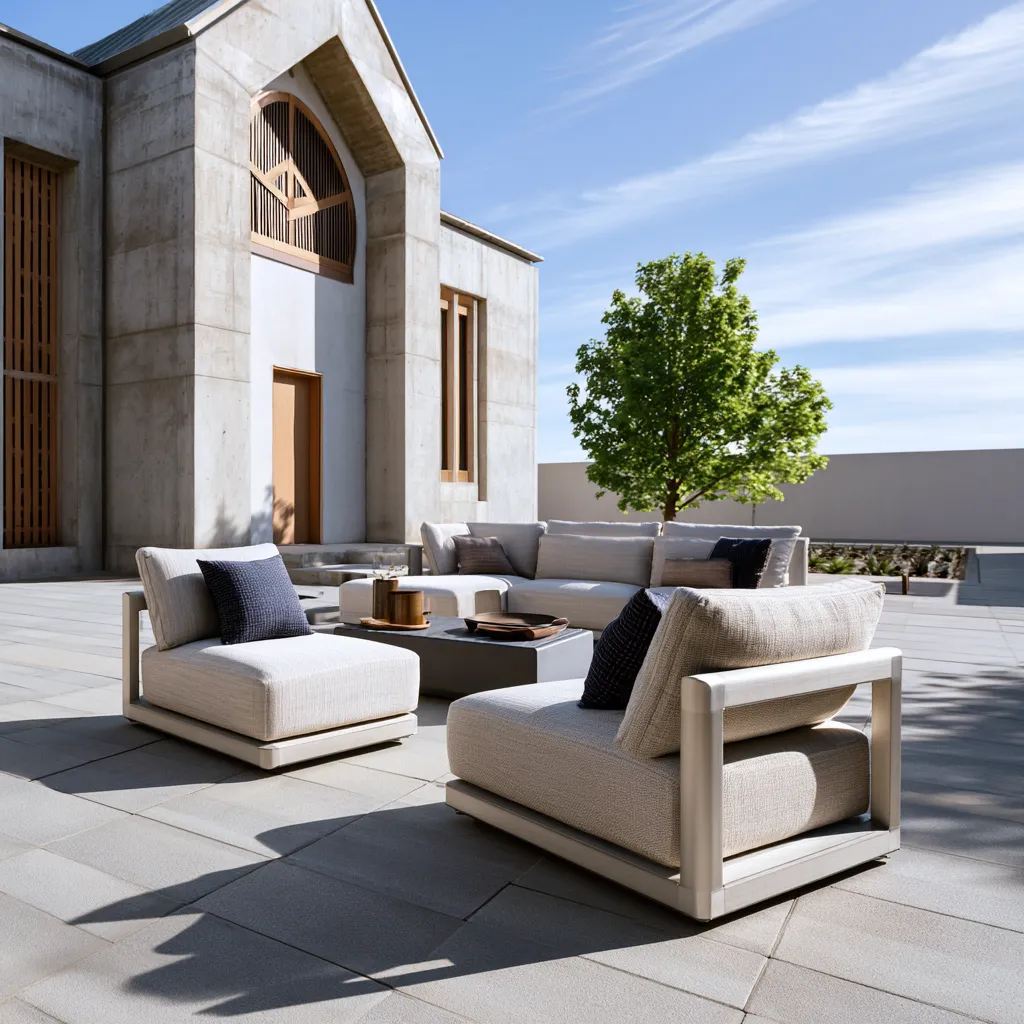 Contemporary outdoor seating arrangement showing weatherproof materials