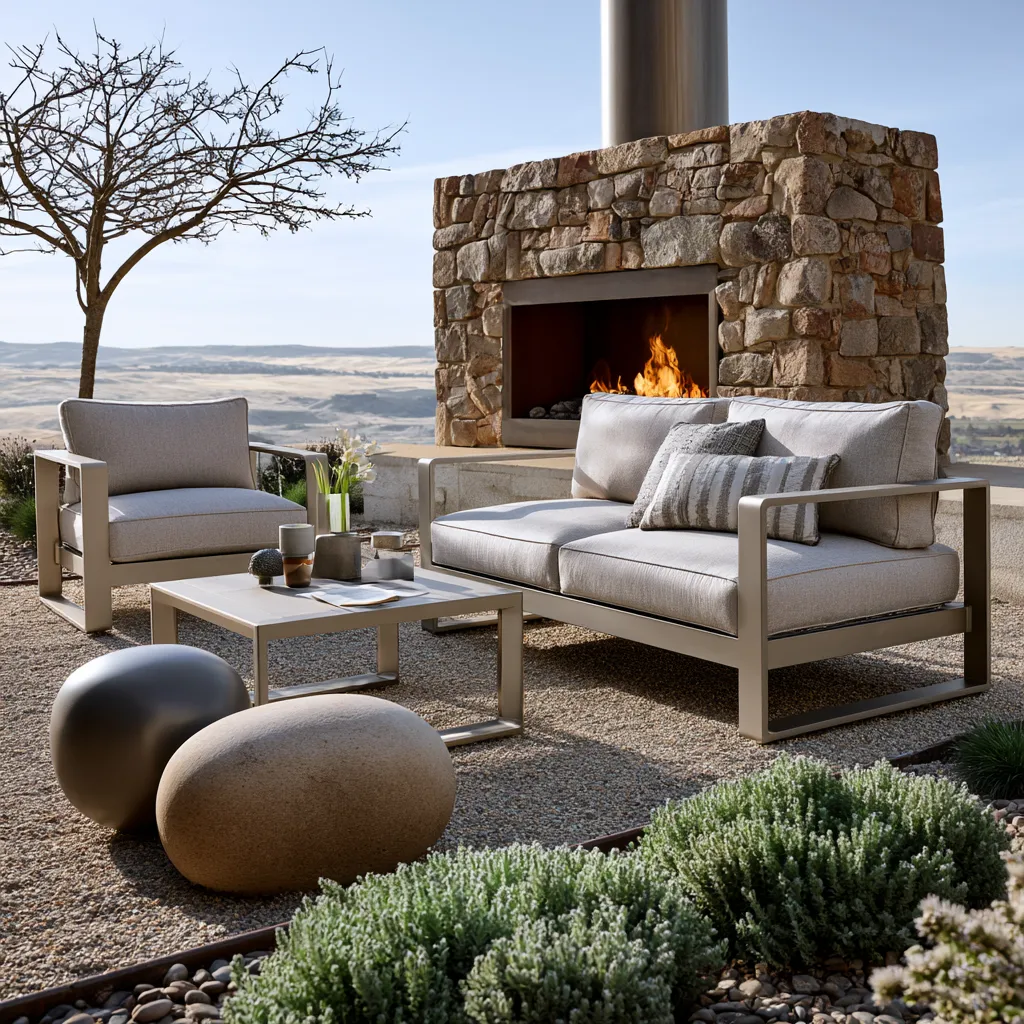 Flax aluminum outdoor sectional near stone wall in daylight