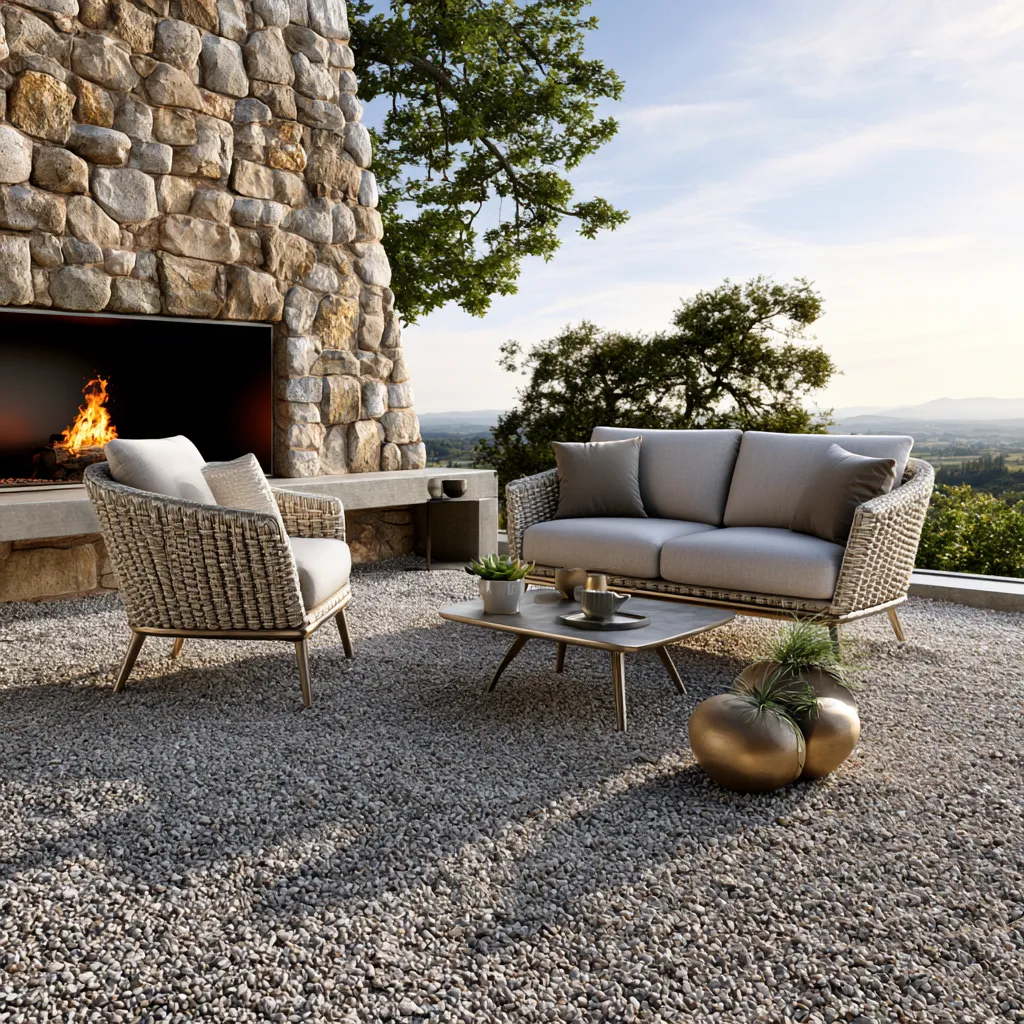 Warm-toned patio furniture arranged in modern outdoor living space