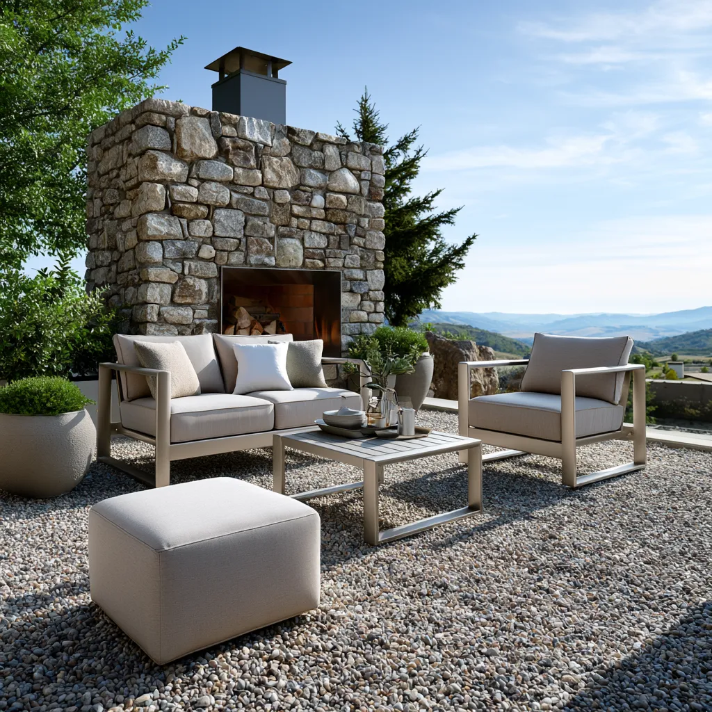 Contemporary warm-finish outdoor seating in afternoon light