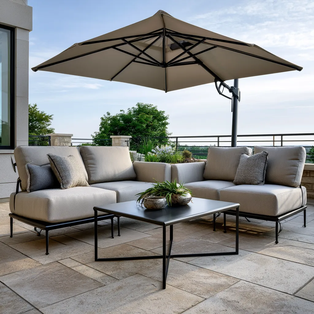 Flax and barley toned seating with matte black table frame