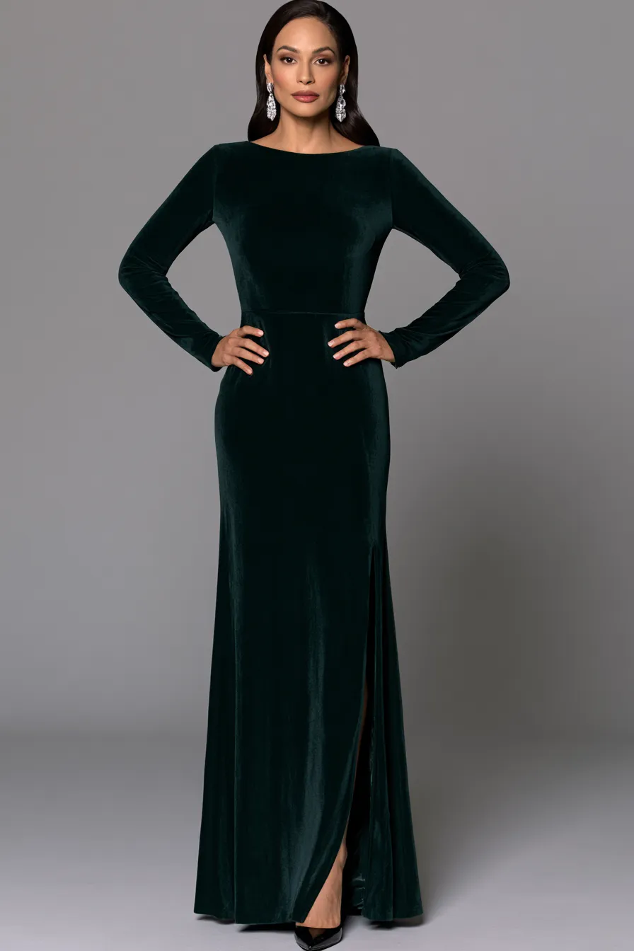Long sleeve velvet gown as a formal wedding guest outfit for black tie events