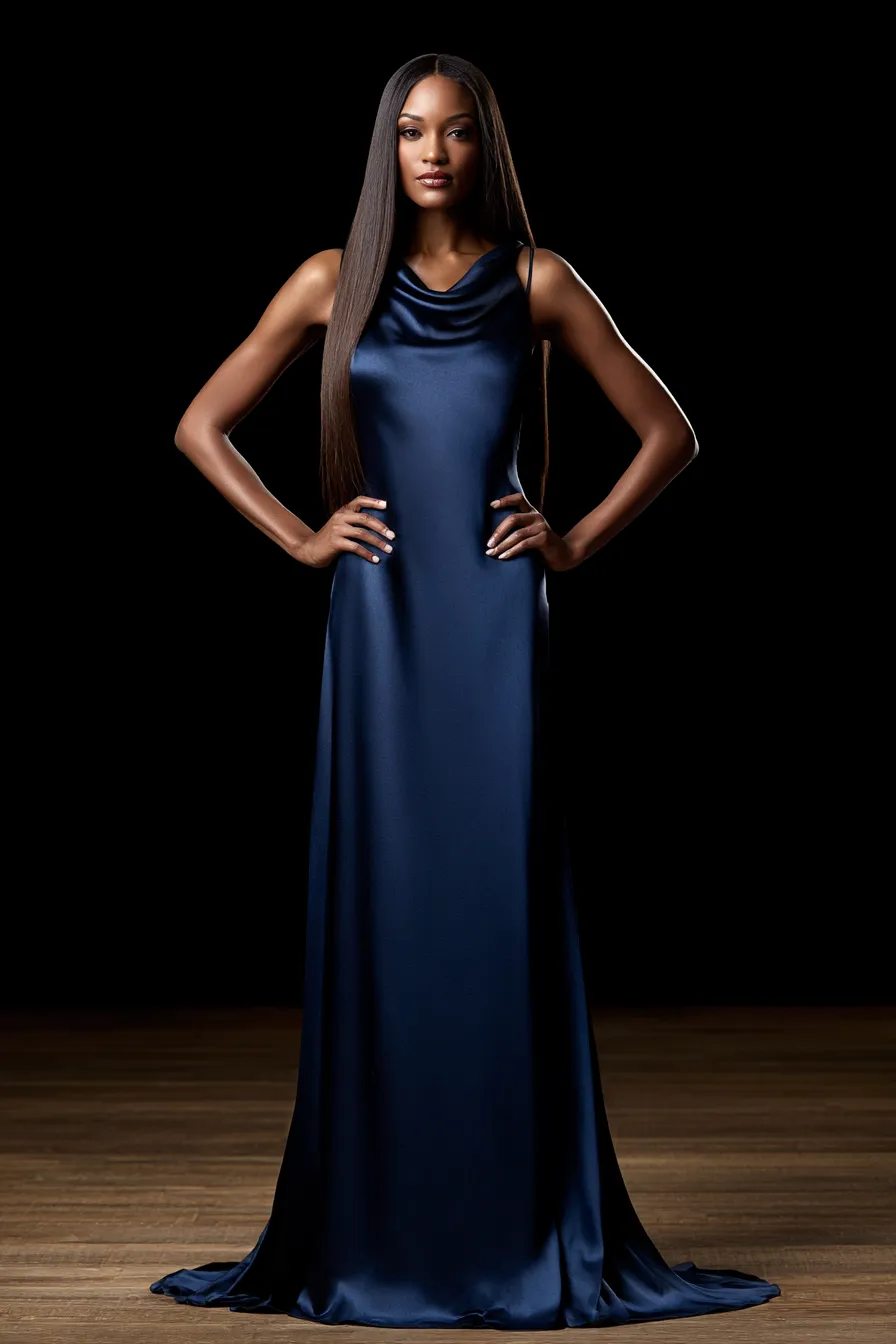Sapphire blue satin floor-length gown — black tie wedding guest outfit for formal evening reception