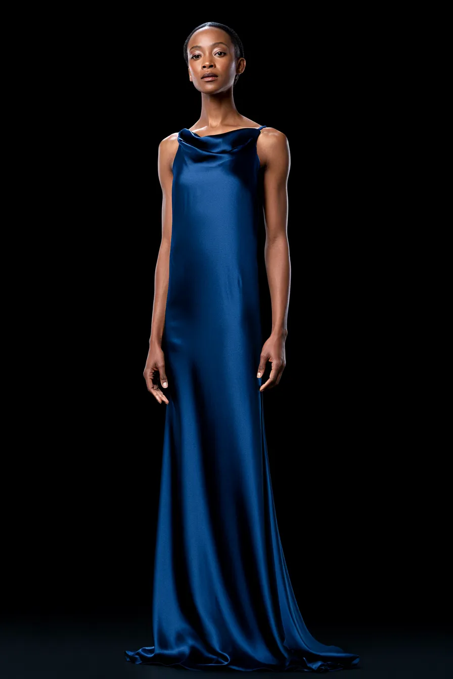 Bias-cut satin gown as an elegant wedding guest outfit for black tie dress code