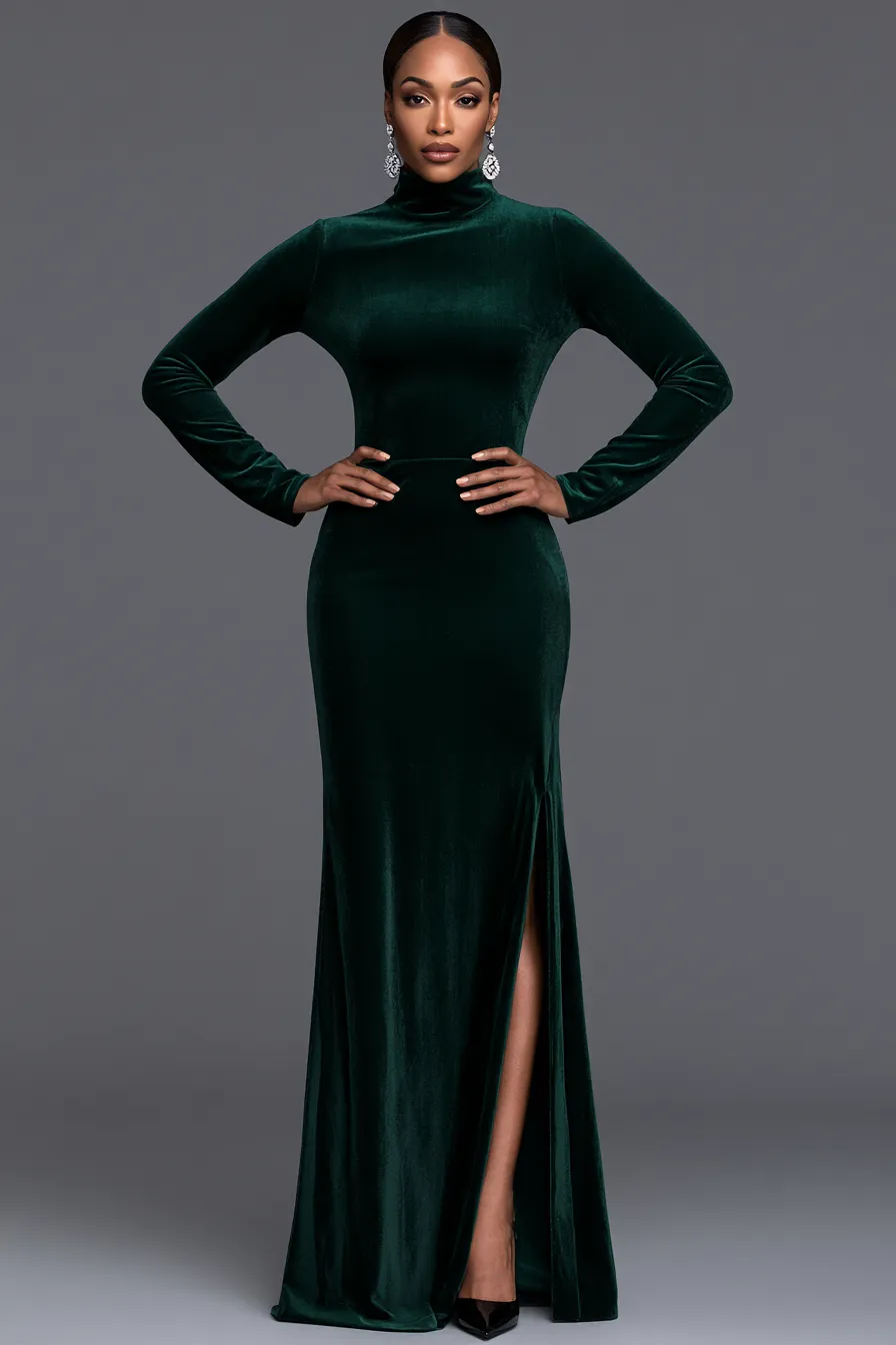 Black tie wedding guest look in deep emerald velvet with diamond drop earrings