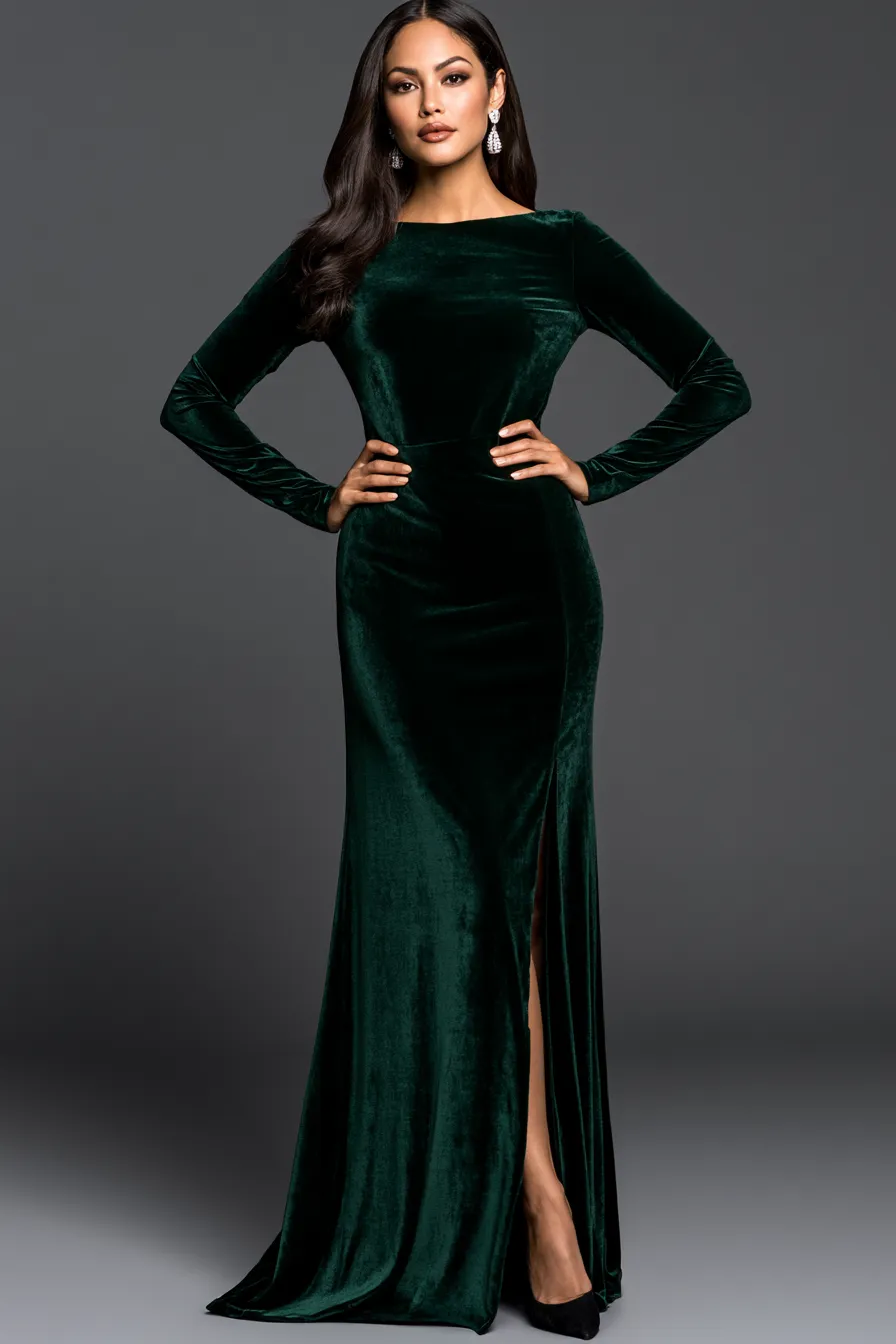 Formal evening gown ideas for wedding guests — emerald velvet floor-length style