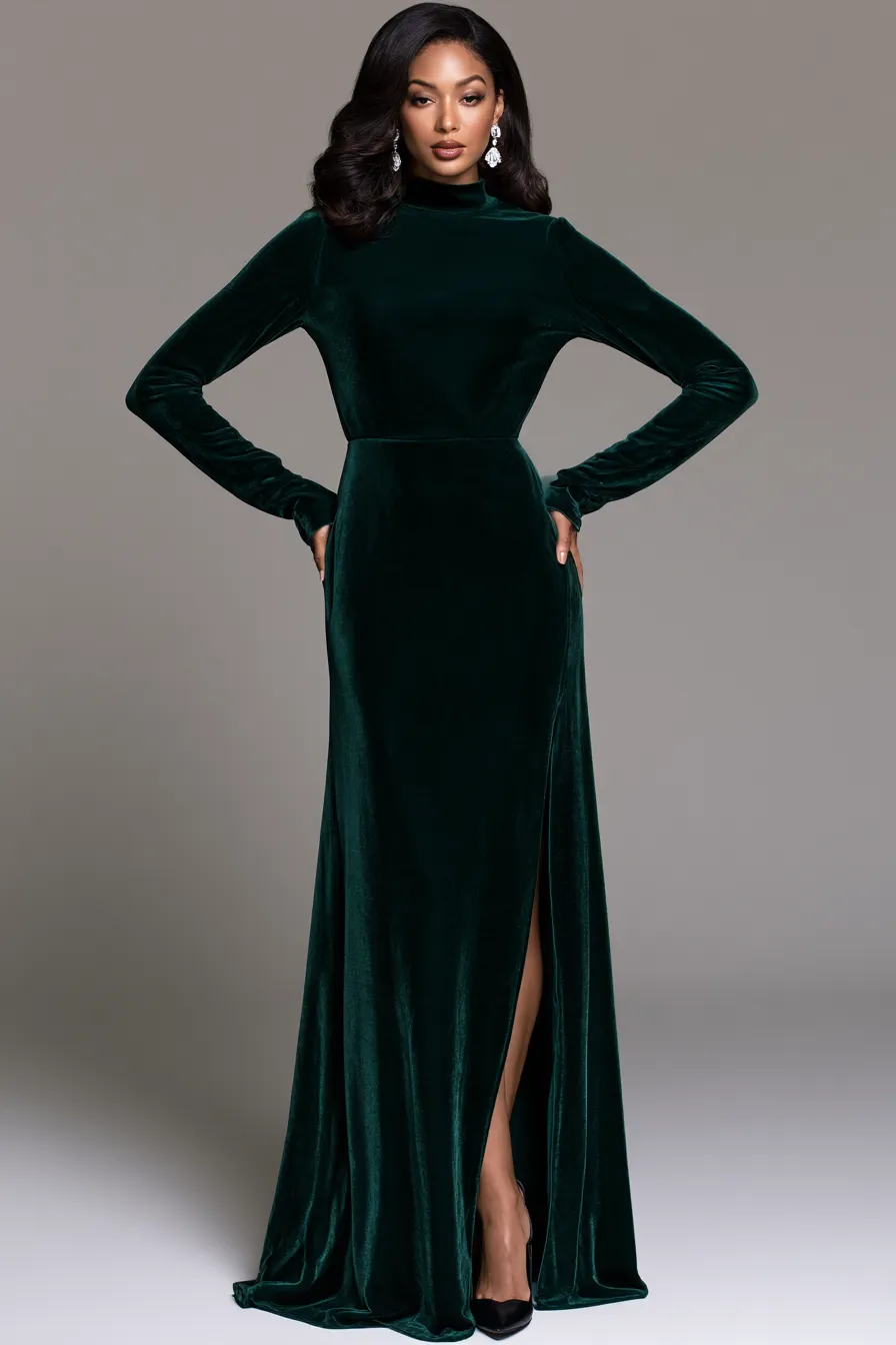 Emerald velvet floor-length gown for a black tie wedding guest outfit in deep green