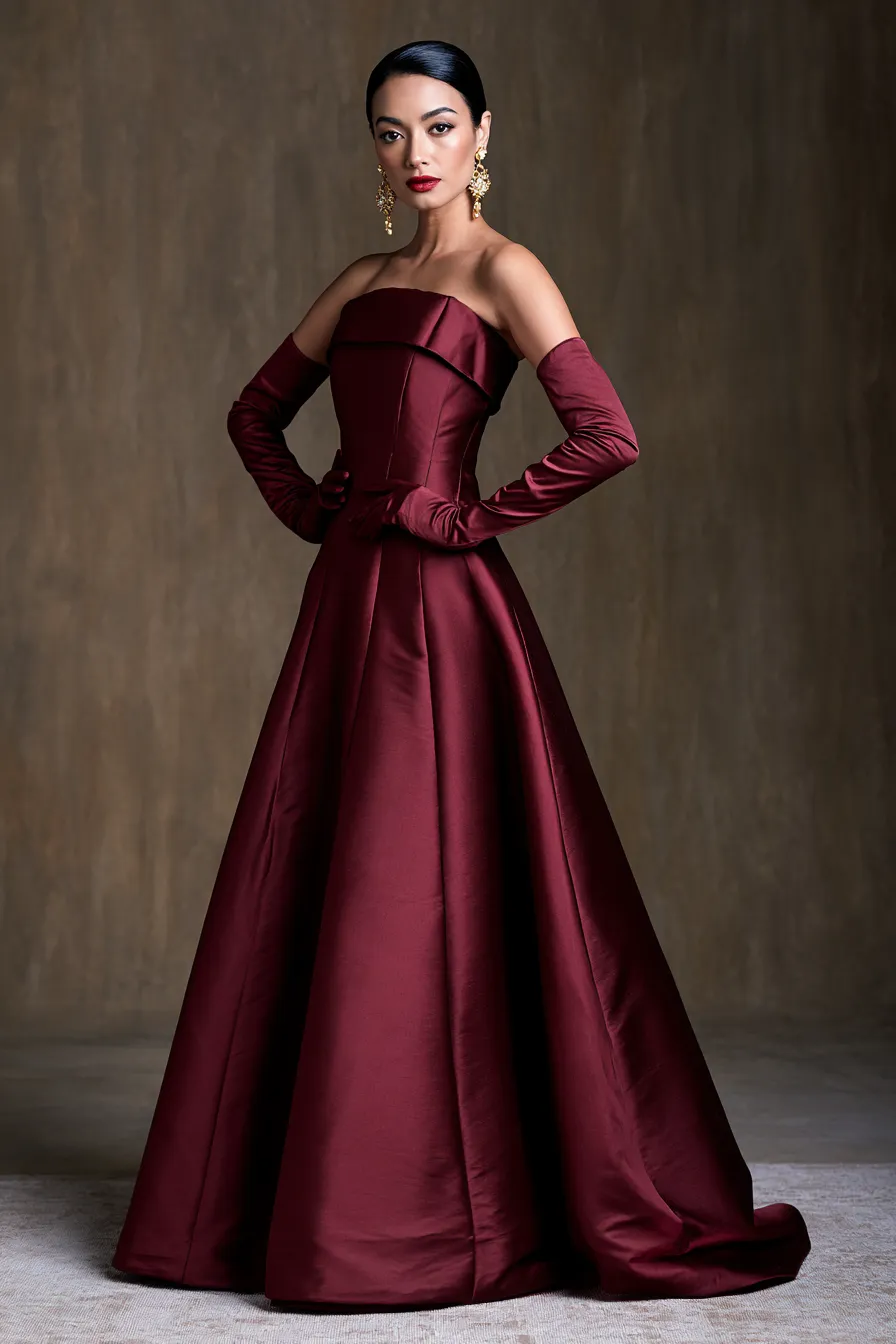 Floor-length satin gown and opera gloves for a black tie wedding guest look