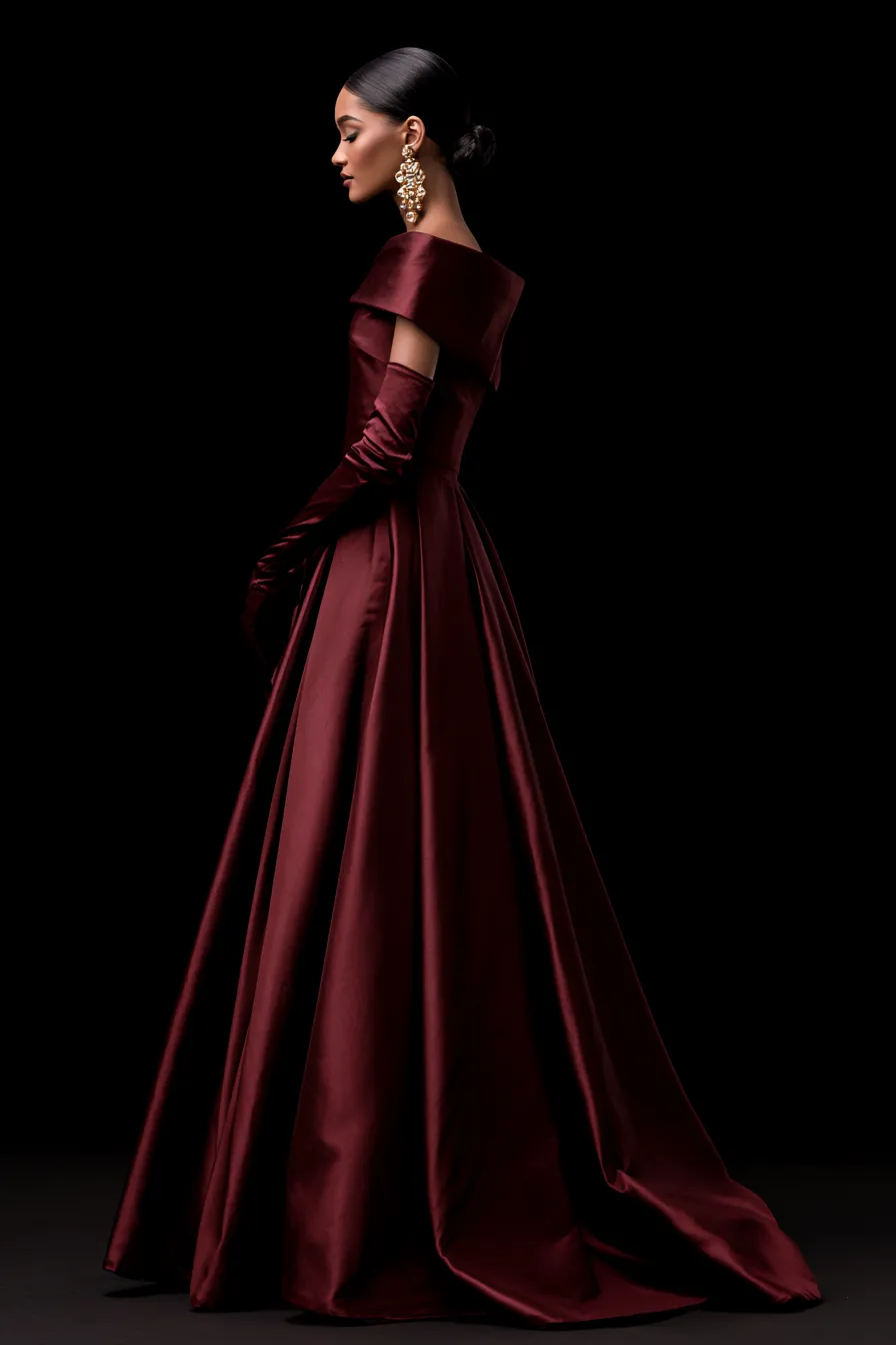 Black tie wedding evening outfit in deep red satin with gold chandelier earrings
