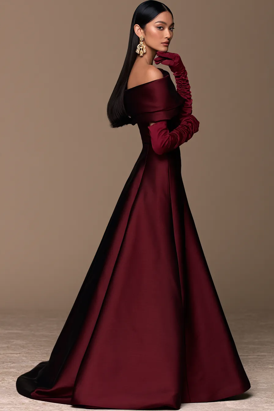 Burgundy satin strapless gown with opera gloves — black tie wedding guest outfit for formal evening
