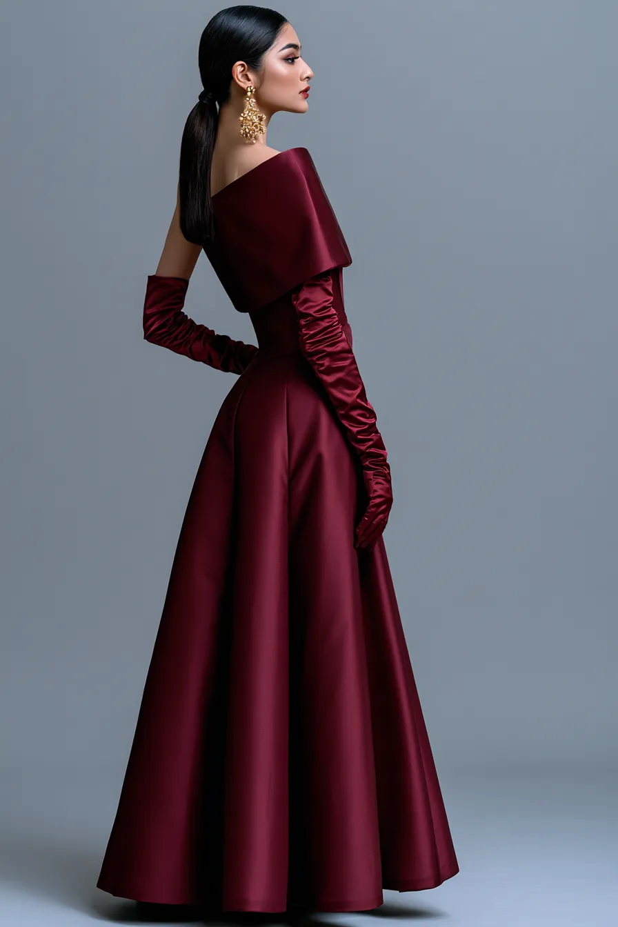 Formal black tie wedding guest outfit idea in deep burgundy A-line ballgown