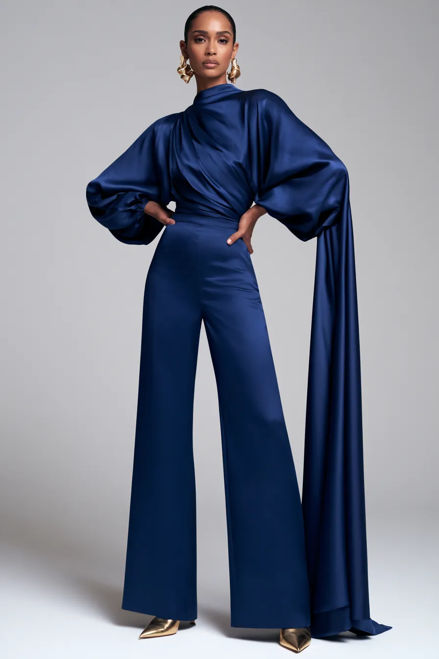 Elegant trouser set wedding guest outfit idea in deep cobalt with gold accessories