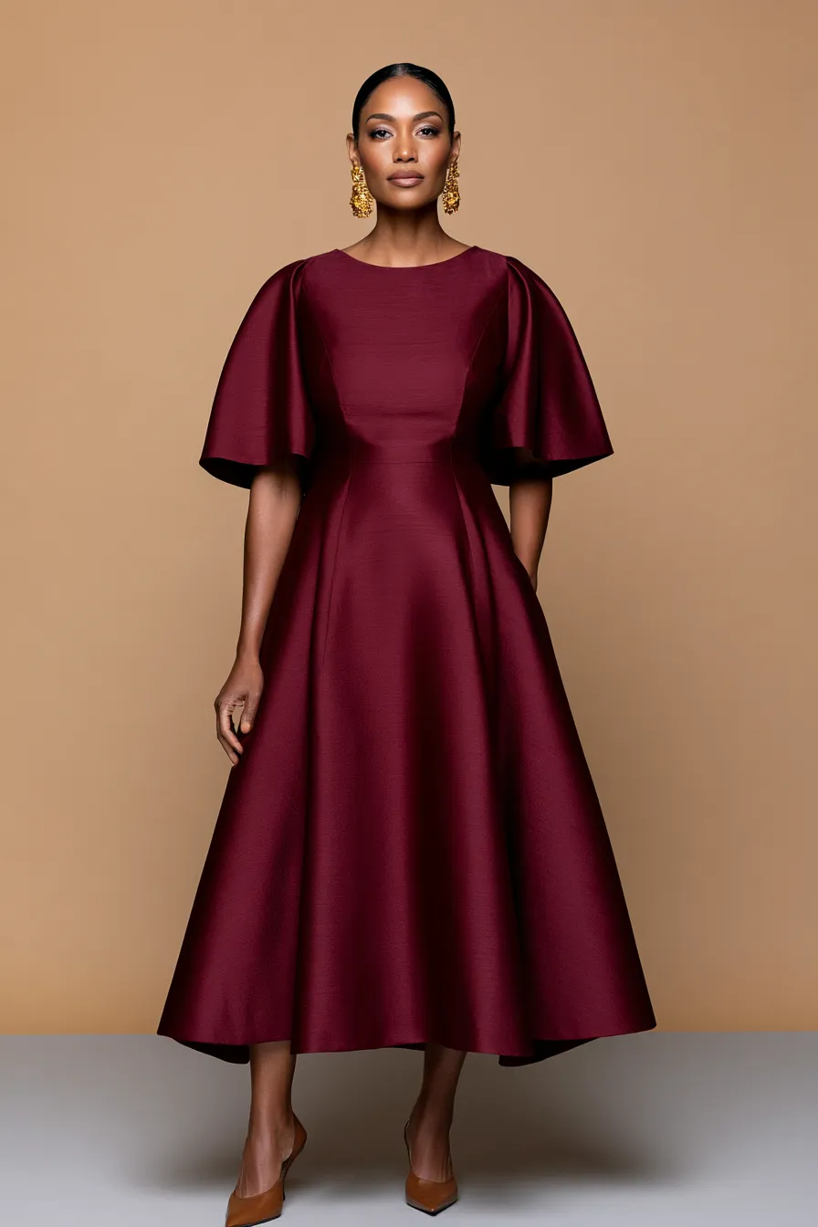 Deep red silk midi dress as an elegant wedding guest outfit idea for women over 40