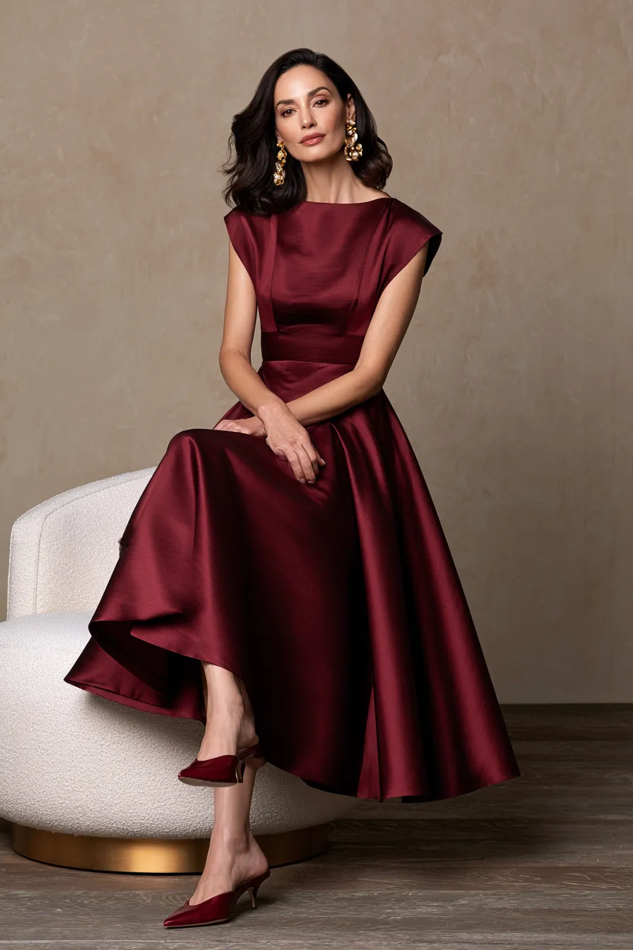 Wedding guest outfit ideas over 40 featuring a structured silk A-line midi in rich burgundy