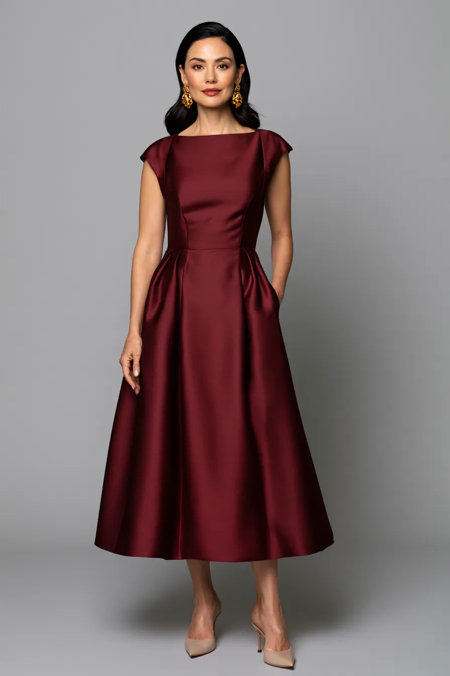 Sophisticated wedding guest outfit for women over 40 in a flutter-sleeve silk midi dress