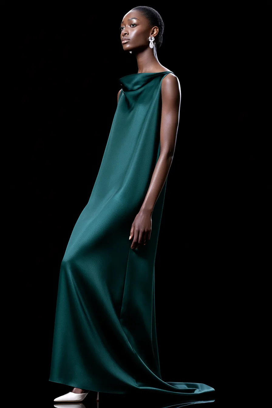Wedding guest outfit idea for black tie dress code in deep green satin floor-length style
