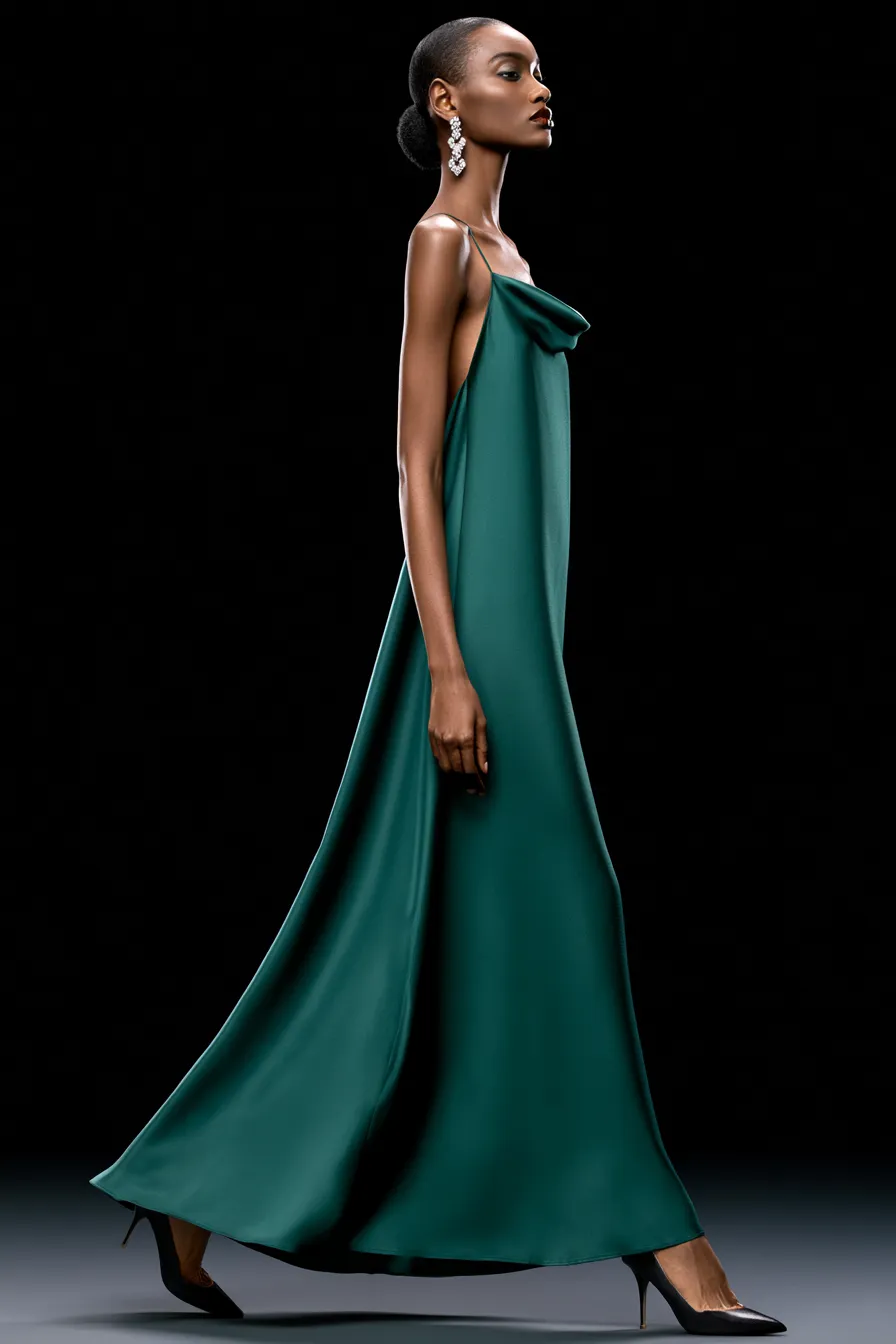 Floor-length emerald satin gown — black tie wedding guest outfit ideas for formal evening