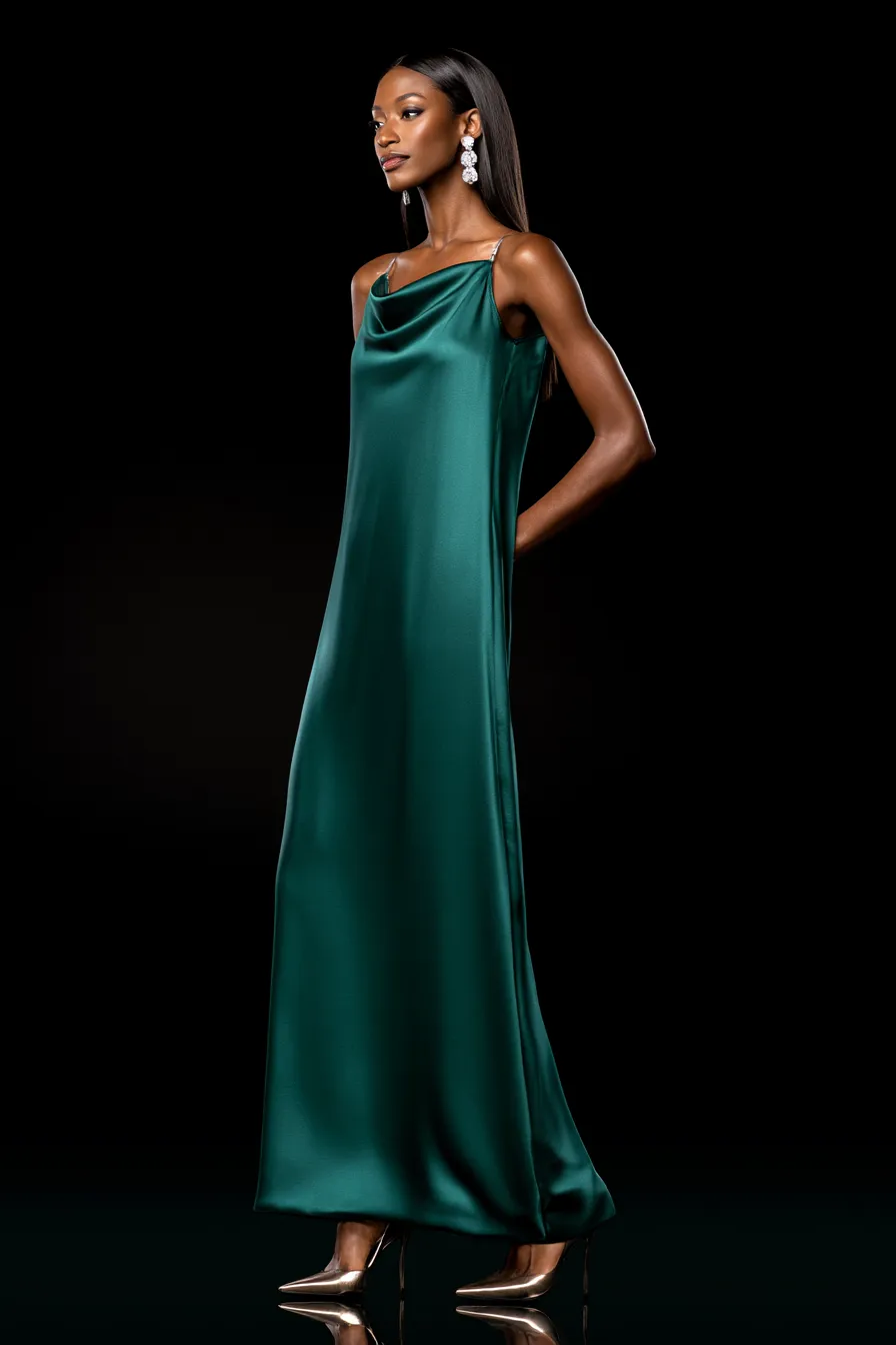 Elegant cowl-neck satin gown as the definitive wedding guest outfit for black tie events