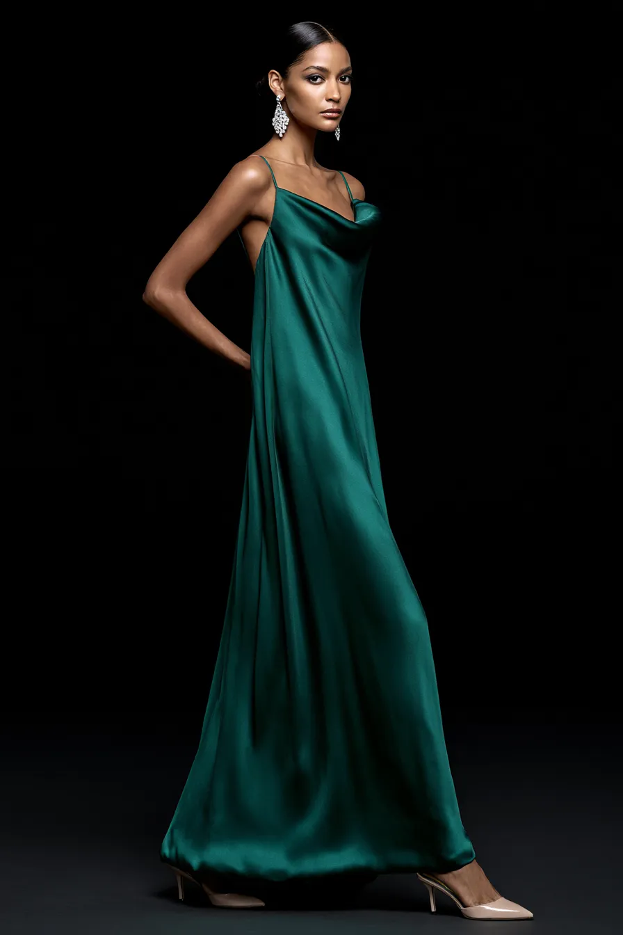 Black tie wedding guest outfit ideas featuring a jewel tone floor-length gown