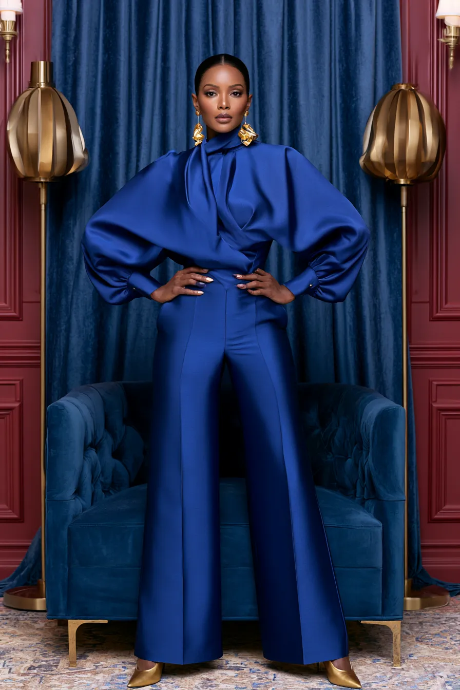 Wedding guest outfit ideas featuring a structured wide-leg silk set in jewel tone blue