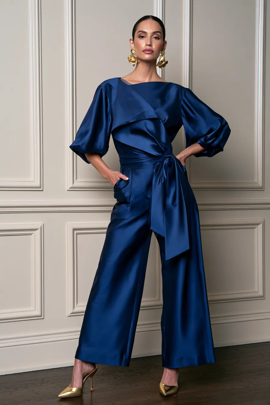 Cobalt blue silk trouser set as a modern wedding guest outfit idea for cocktail dress code