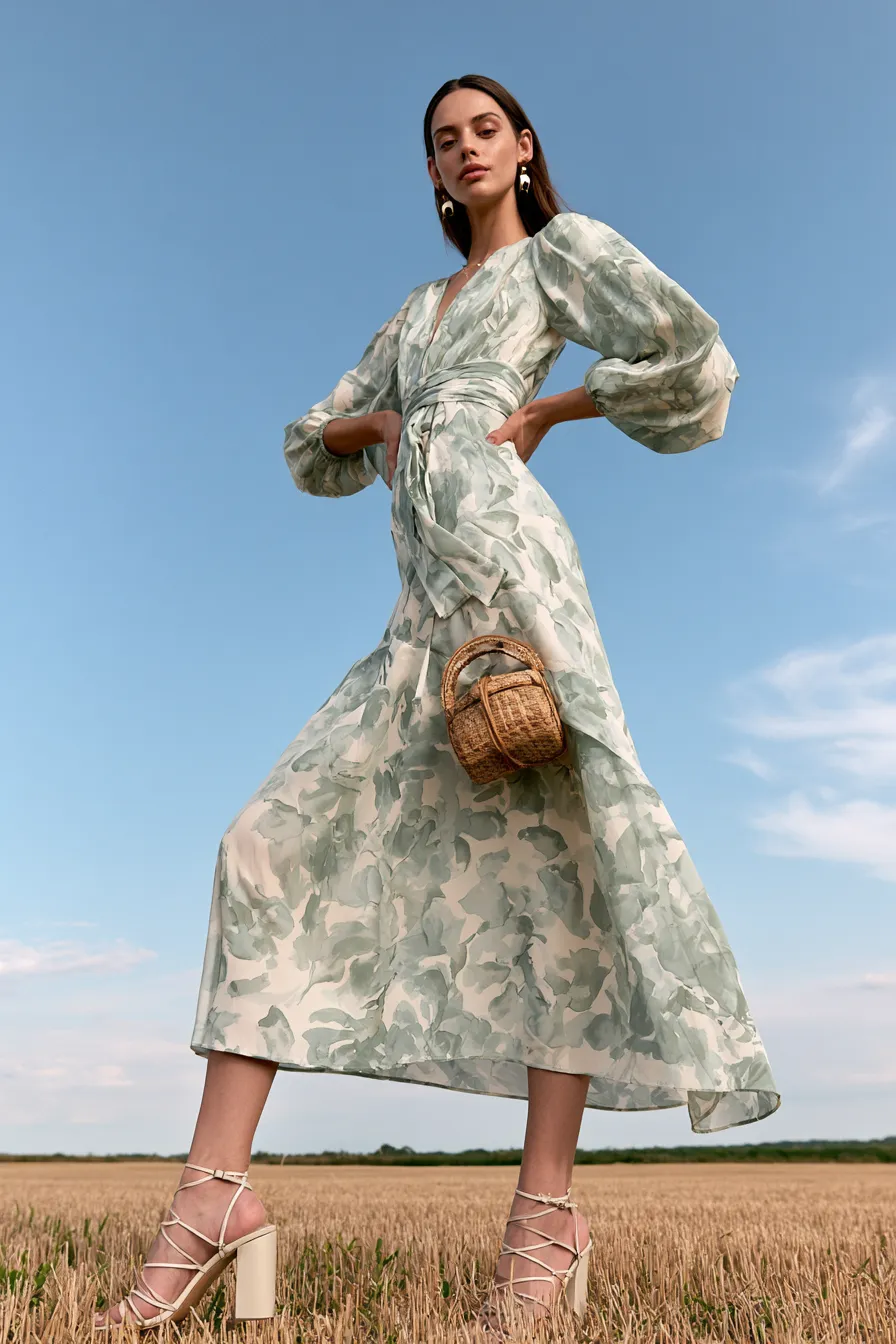 Best summer outdoor wedding guest outfit ideas in flowing chiffon floral midi dress