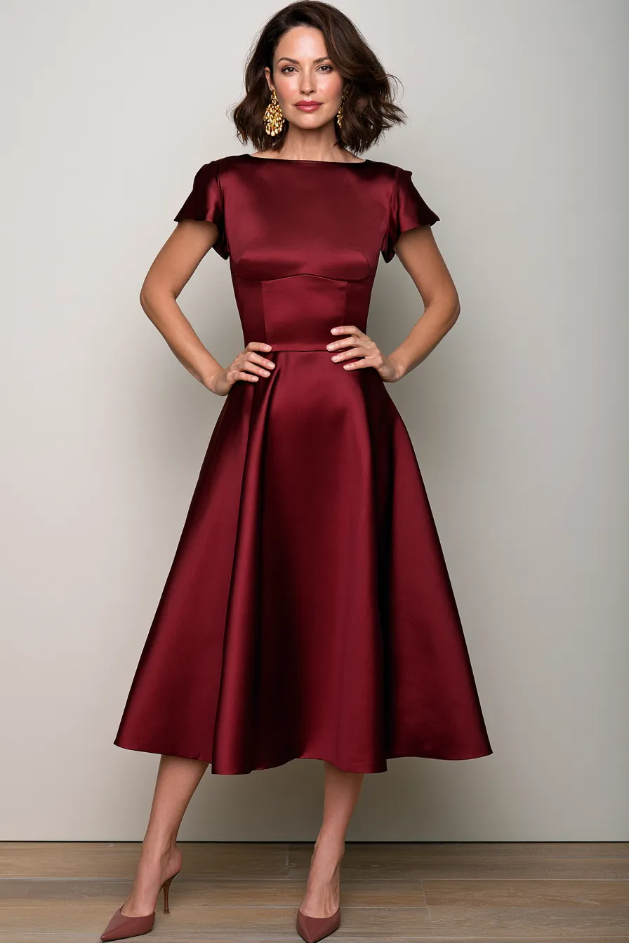 Woman over 40 in burgundy silk A-line midi — wedding guest outfit idea for semi-formal event