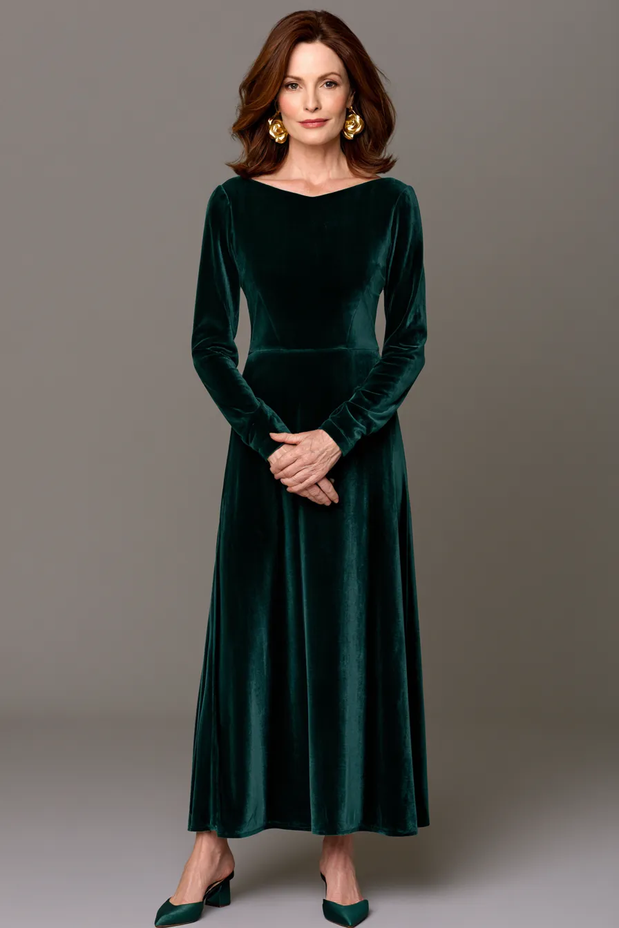 Woman over 40 in forest green velvet midi — wedding guest outfit idea for autumn or winter