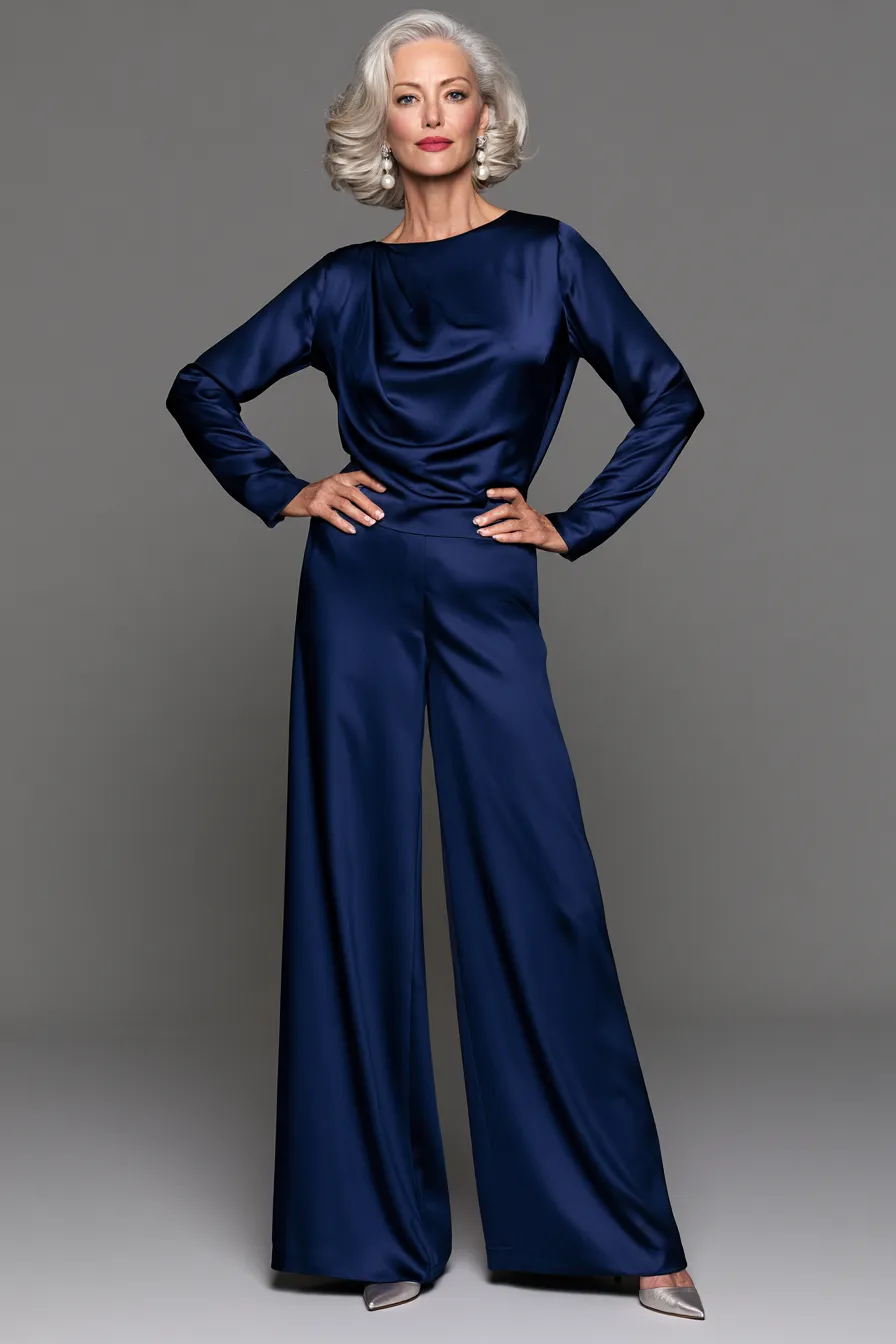 Woman over 40 in sapphire silk wide-leg trouser set — wedding guest outfit idea for formal occasion