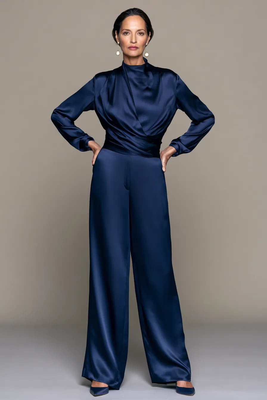 Best wedding guest outfit ideas over 40 featuring wide-leg silk trousers in deep blue