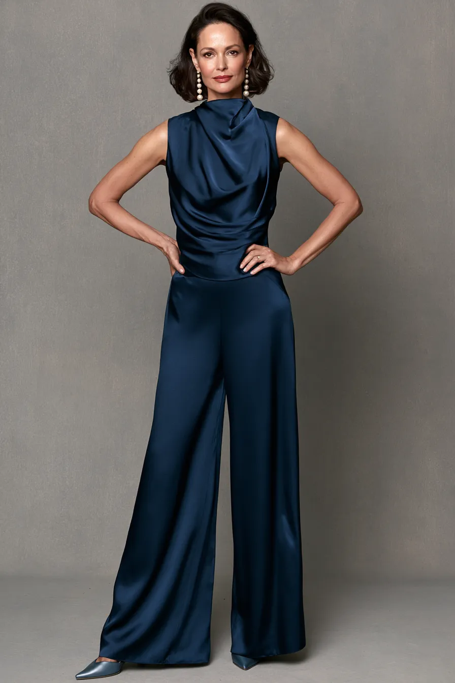 Sophisticated wedding guest look for women over 40 in a jewel tone wide-leg set
