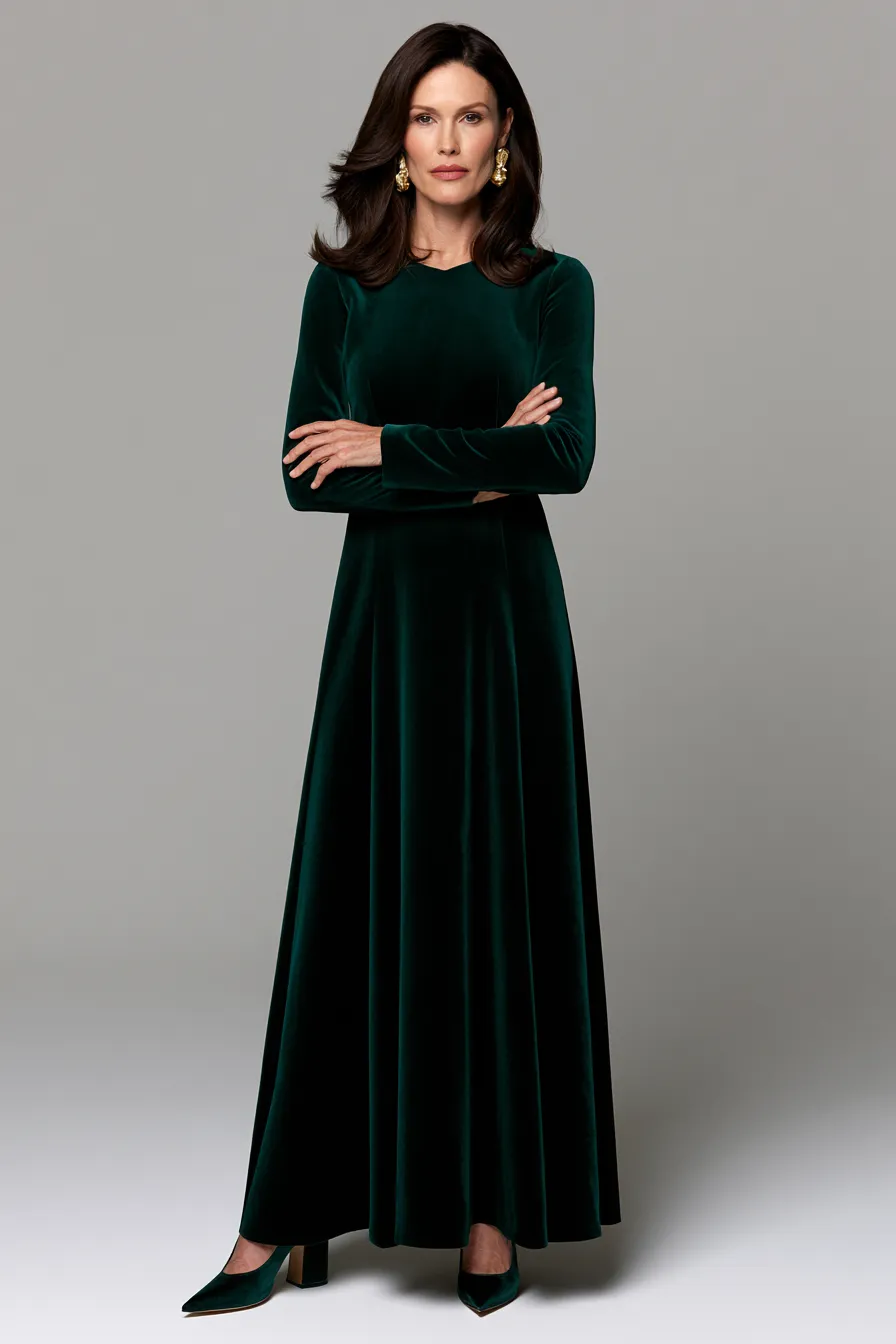 Deep velvet midi dress as a sophisticated wedding guest outfit for women over 40
