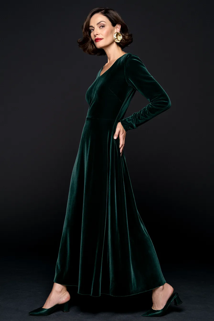 Elegant forest green velvet look for a wedding guest over 40 at a formal event