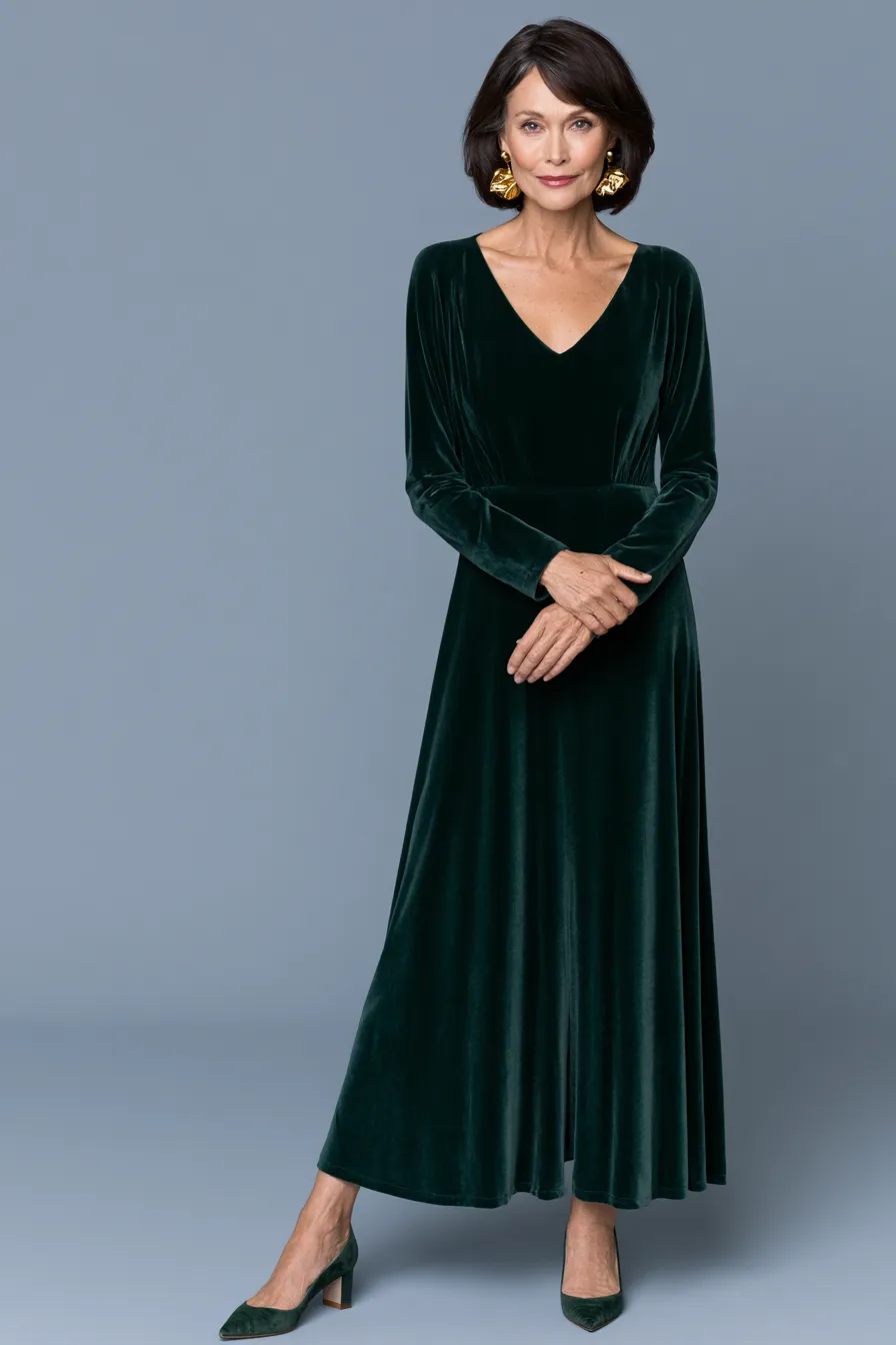 Wedding guest outfit ideas over 40 featuring a rich velvet dress in deep green