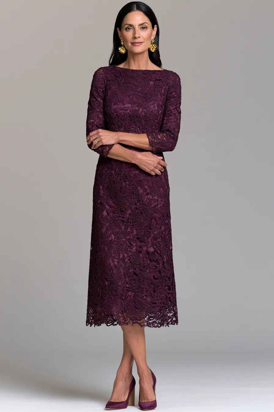 Elegant wedding guest outfit over 40 in a rich lace midi dress and block heels