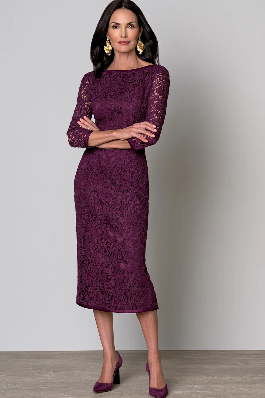 Deep plum lace midi dress — semi-formal wedding guest outfit idea for women over 40