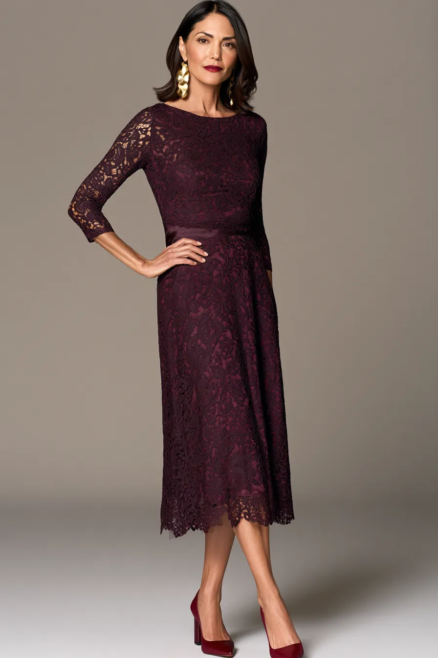 Three-quarter sleeve lace midi as a sophisticated wedding guest outfit for women over 40