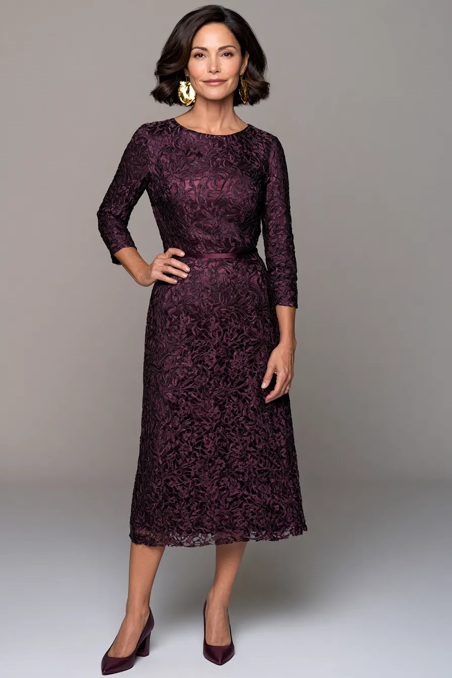Women over 40 wedding guest outfit in structured plum lace with gold earrings
