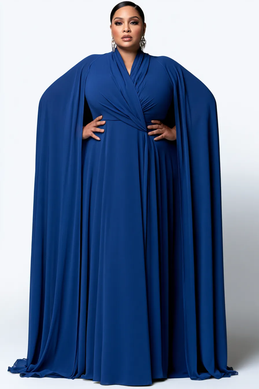  Curvy woman in cobalt blue chiffon gown — plus size wedding guest outfit ideas for formal events