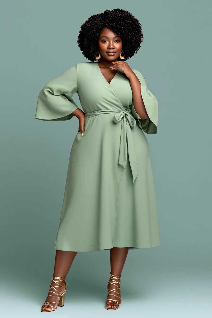 Plus size woman in sage green wrap dress — wedding guest outfit ideas plus size