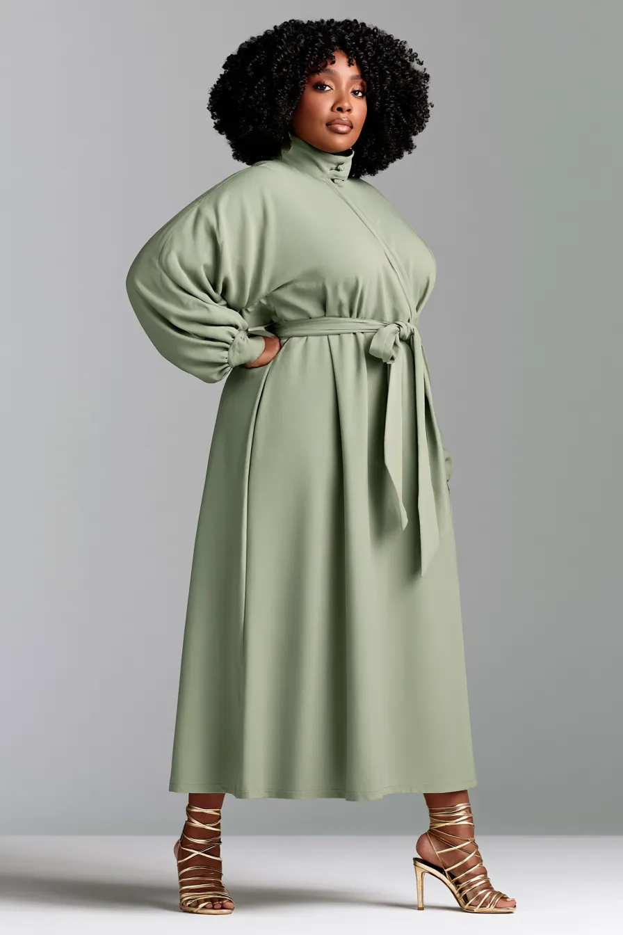 Plus size wedding guest outfit idea featuring a flowing wrap dress and gold heels
