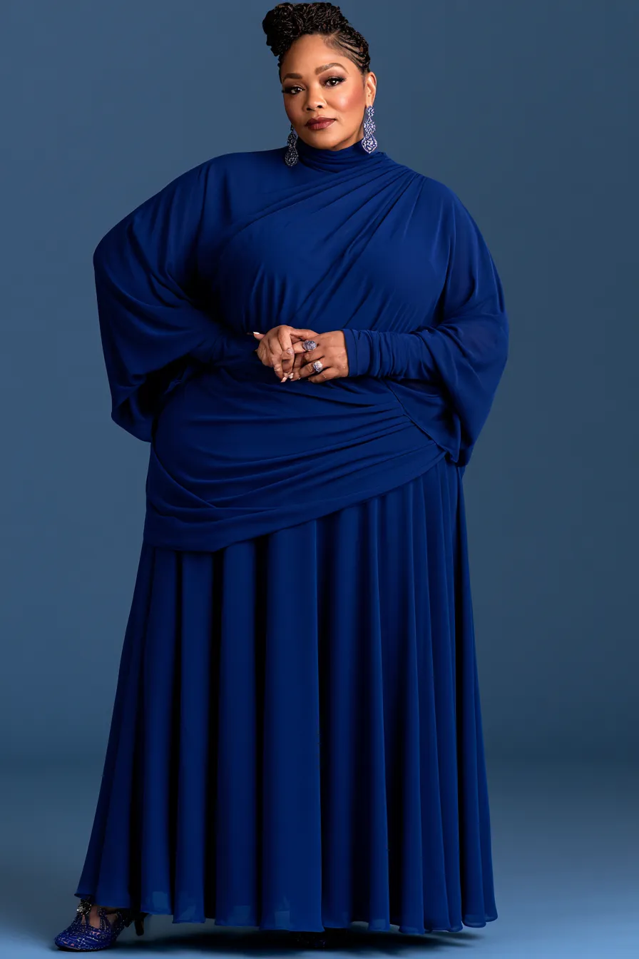 Monochromatic deep blue plus size wedding guest dress for indoor formal reception